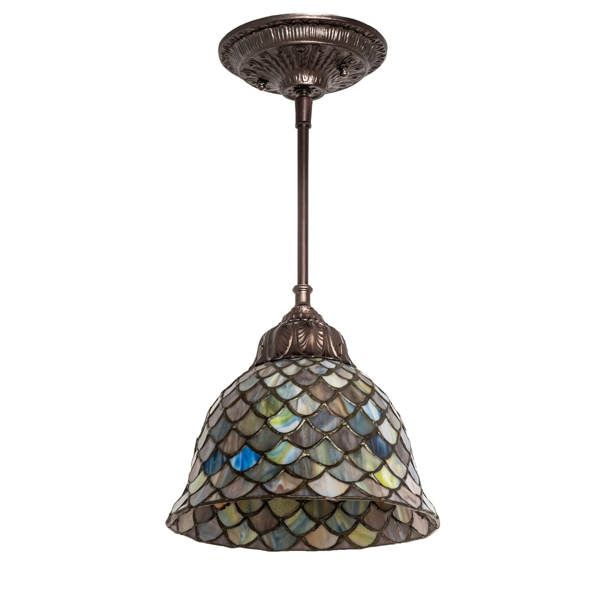 Unlit Tiffany Fishscale mini pendant showcasing handcrafted stained glass.