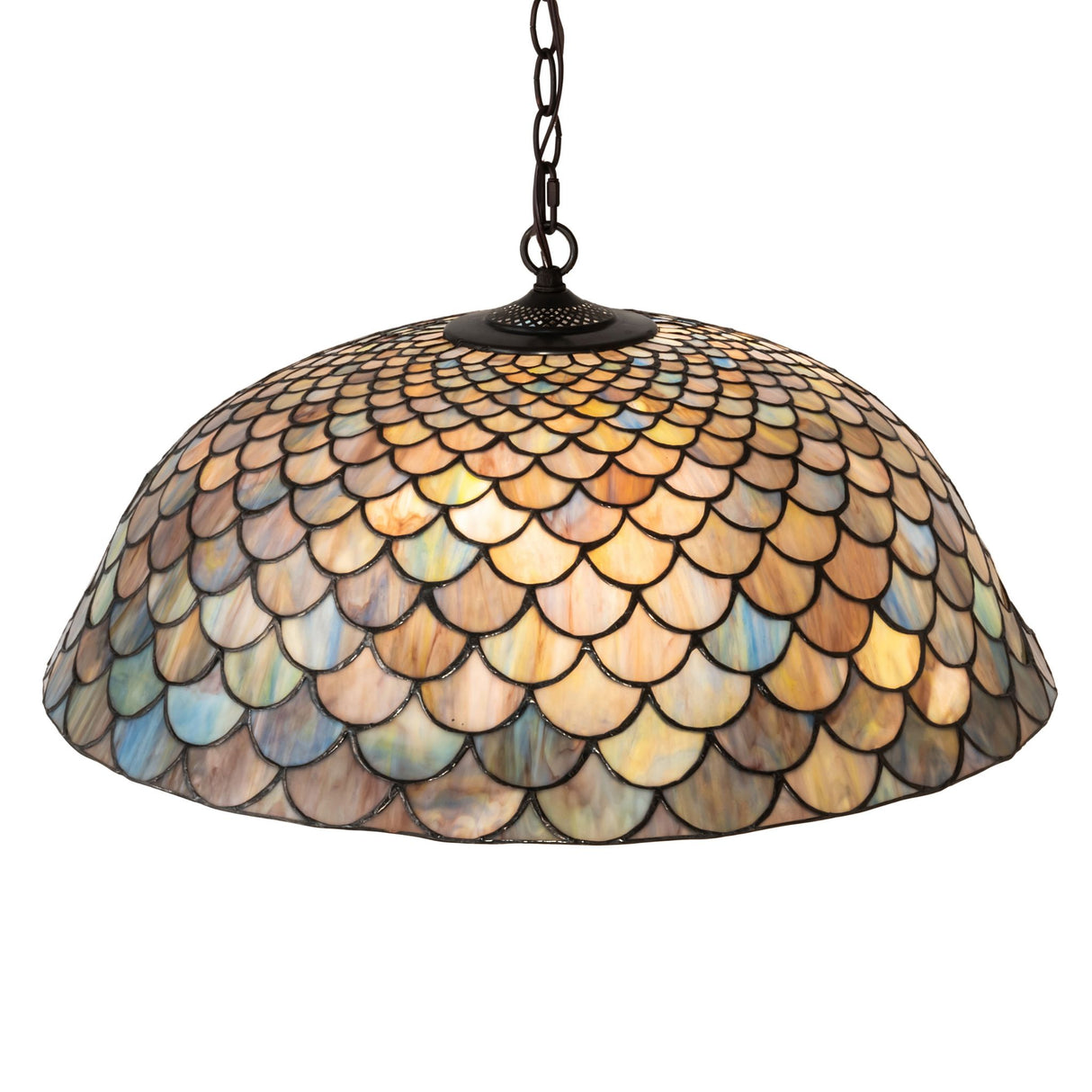 Close-up of Tiffany Fishscale pendant highlighting detailed glasswork in vibrant hues.