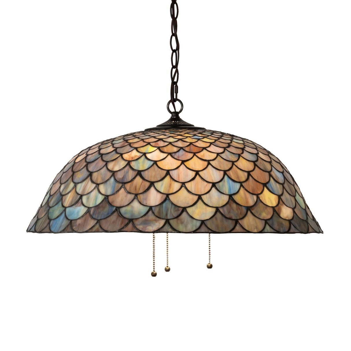 Front view of the Tiffany Fishscale pendant with a honey-dripped multicolor glass design.
