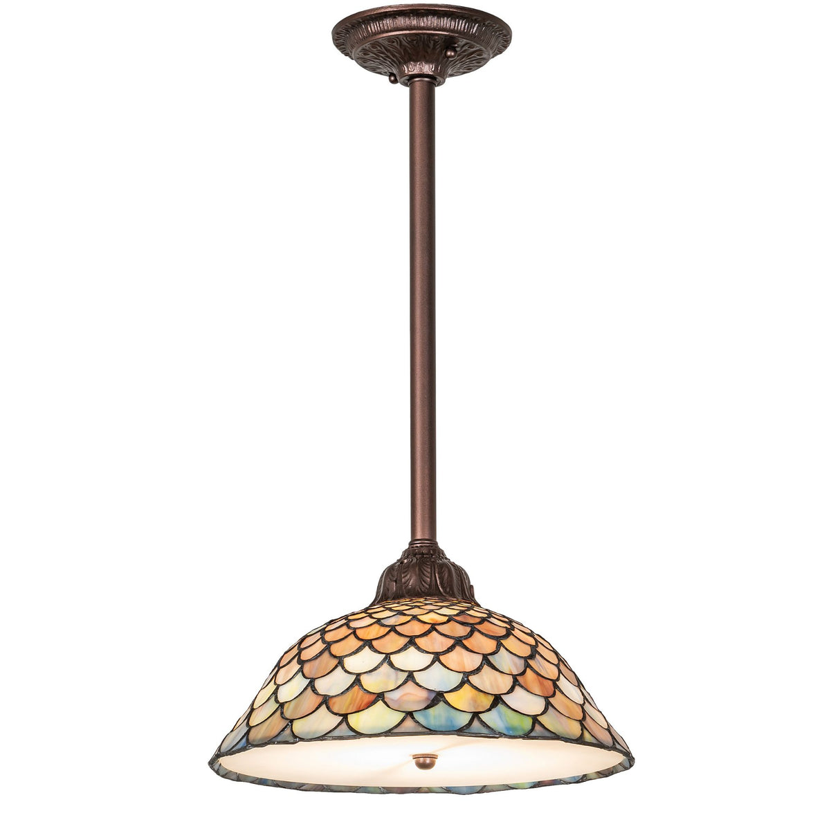 front view of tiffany fishscale pendant with emerald and sapphire stained glass.