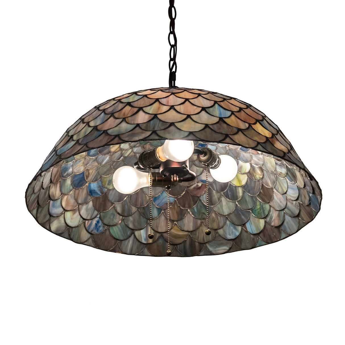 Interior view of Tiffany Fishscale pendant showing bulb assembly and copper foil design.