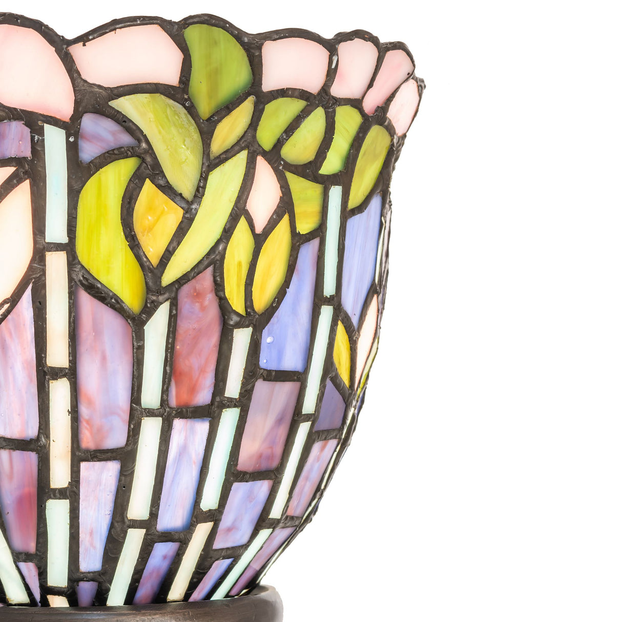 Close-up of the glass top detail on the Tiffany Flowering Lotus Mini Lamp.