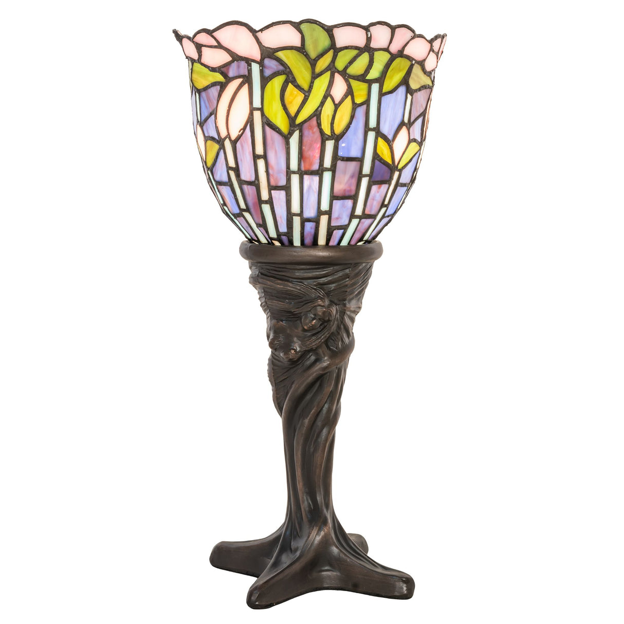 Front view of the 15" Tiffany Flowering Lotus Mini Lamp with intricate floral glass design.