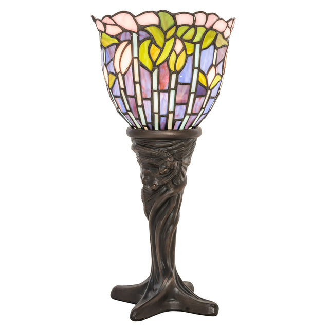 Front view of the 15" Tiffany Flowering Lotus Mini Lamp with intricate floral glass design.