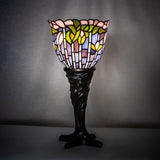 Illuminated Tiffany Flowering Lotus Mini Lamp showcasing vibrant pink, green, and purple hues.
