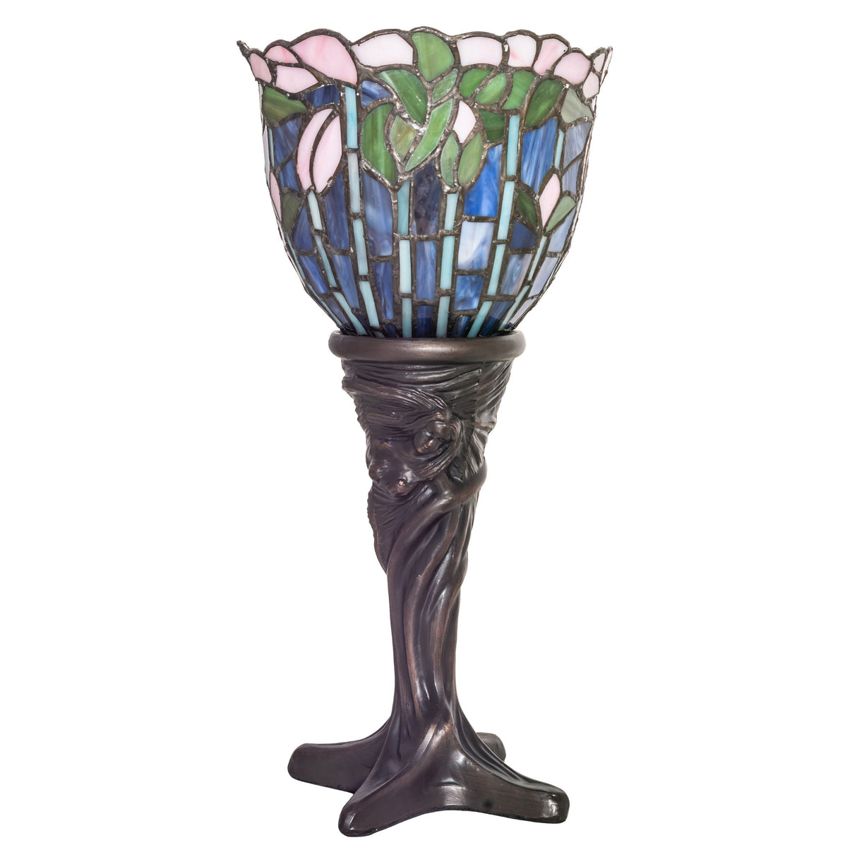Side view of the Tiffany Flowering Lotus Mini Lamp highlighting the artistic floral pattern.