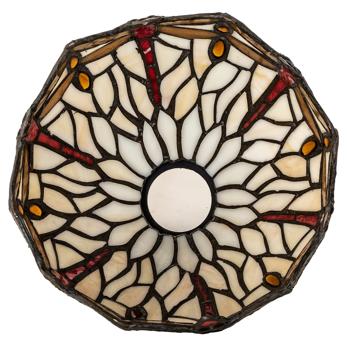 Bottom view of dragonfly shade with intricate stained-glass design.