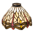 Lit view of Stained-glass shade with dragonfly motif and jewel accents.