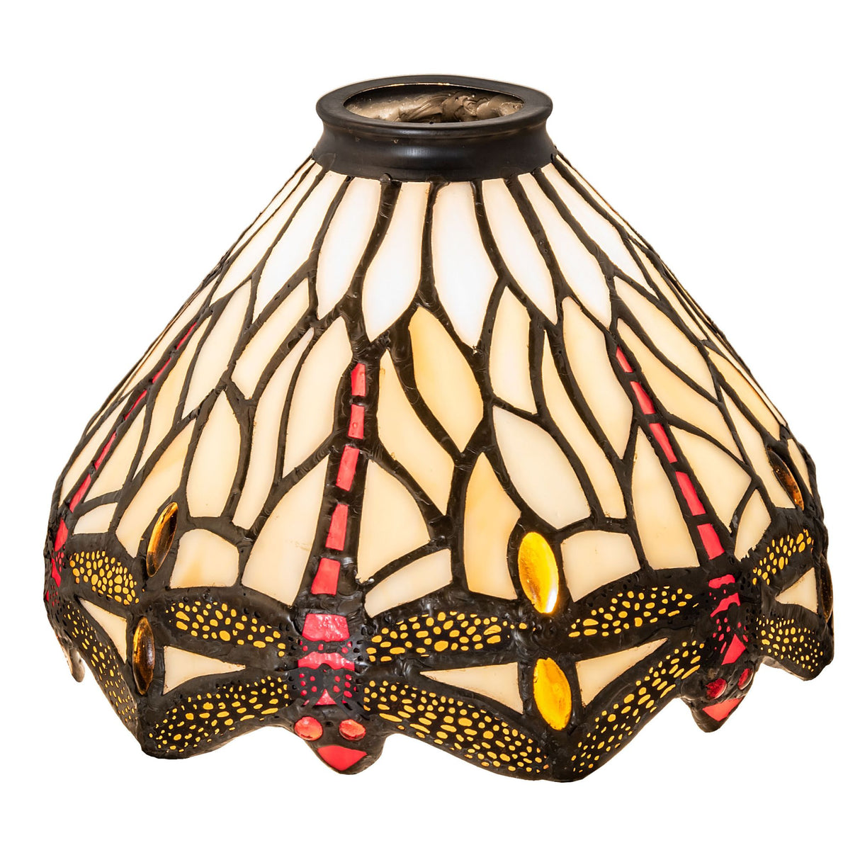Lit view of Stained-glass shade with dragonfly motif and jewel accents.