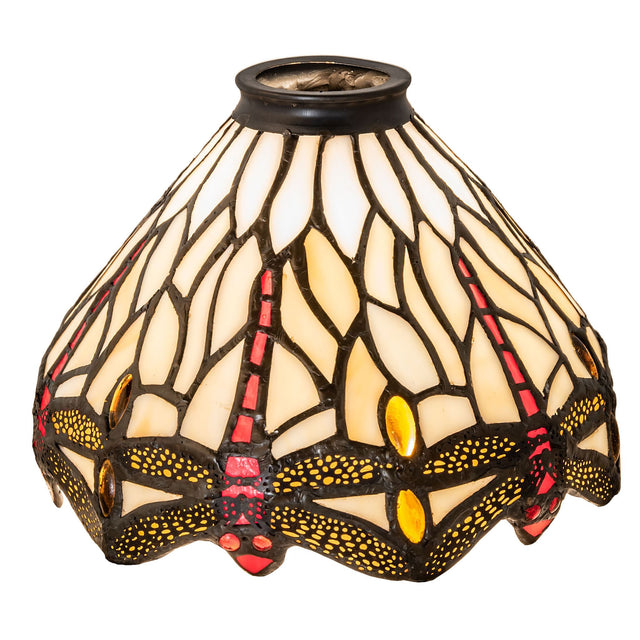 Lit view of Stained-glass shade with dragonfly motif and jewel accents.
