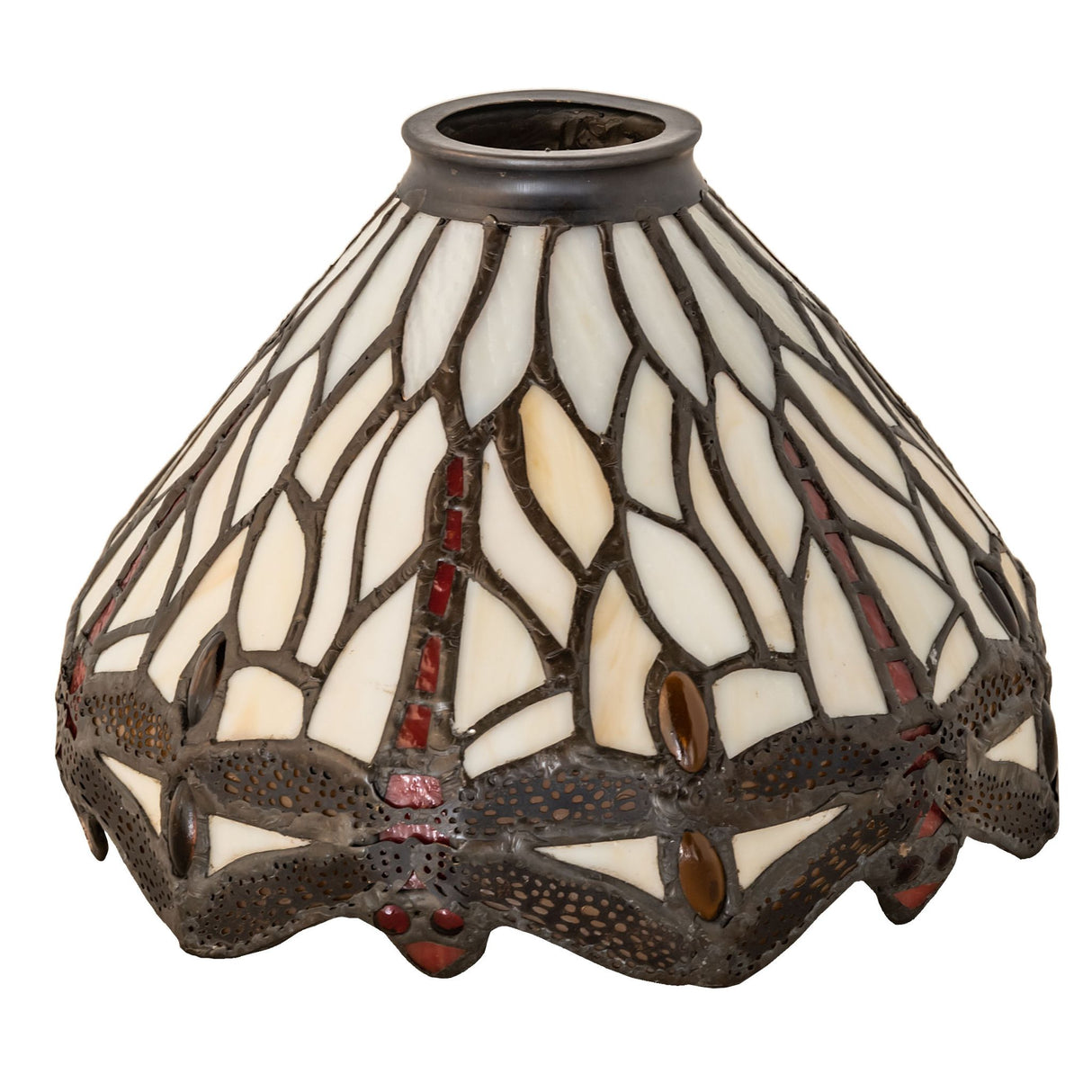 Tiffany dragonfly shade with unlit view of lead framework and details.