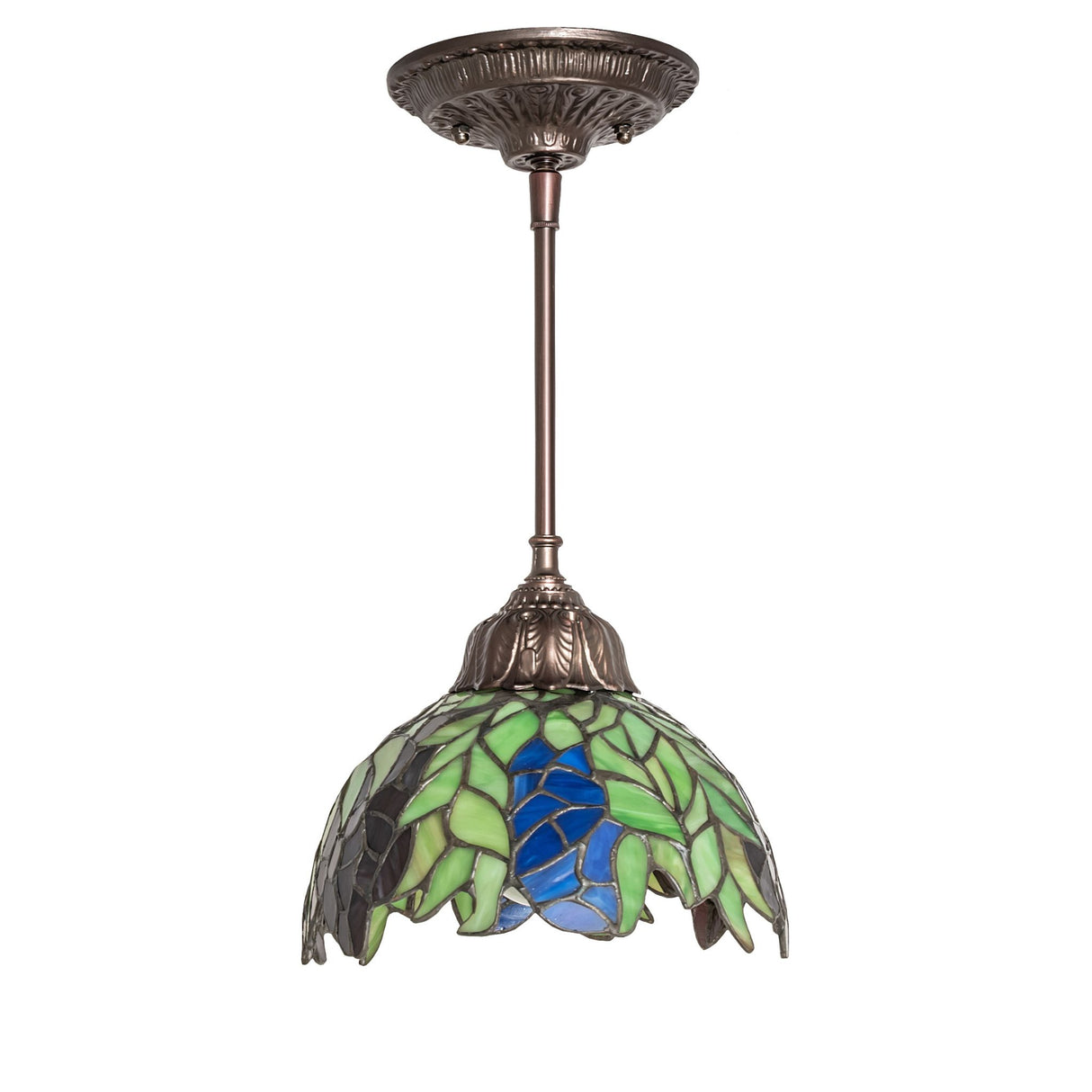 Front view of unlit Tiffany Honey Locust mini pendant with intricate stained glass design.