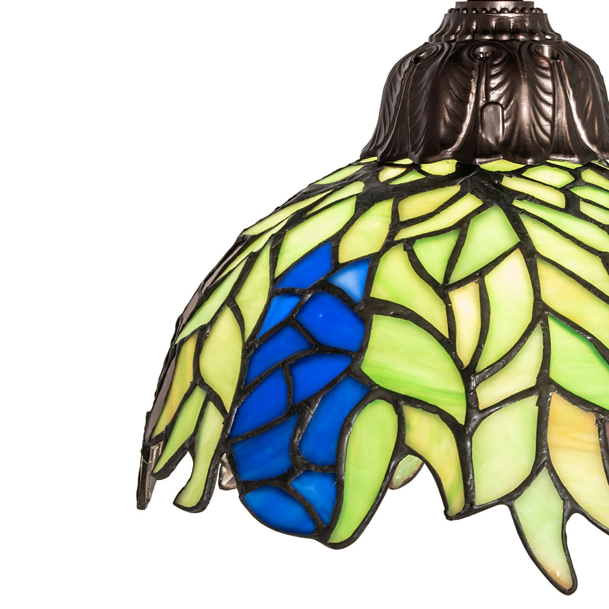 Close-up of glass design on Tiffany Honey Locust Mini Pendant with vibrant colors.