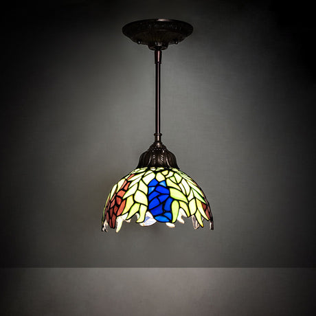 Illuminated Tiffany Honey Locust Mini Pendant showcasing its vibrant stained glass design.