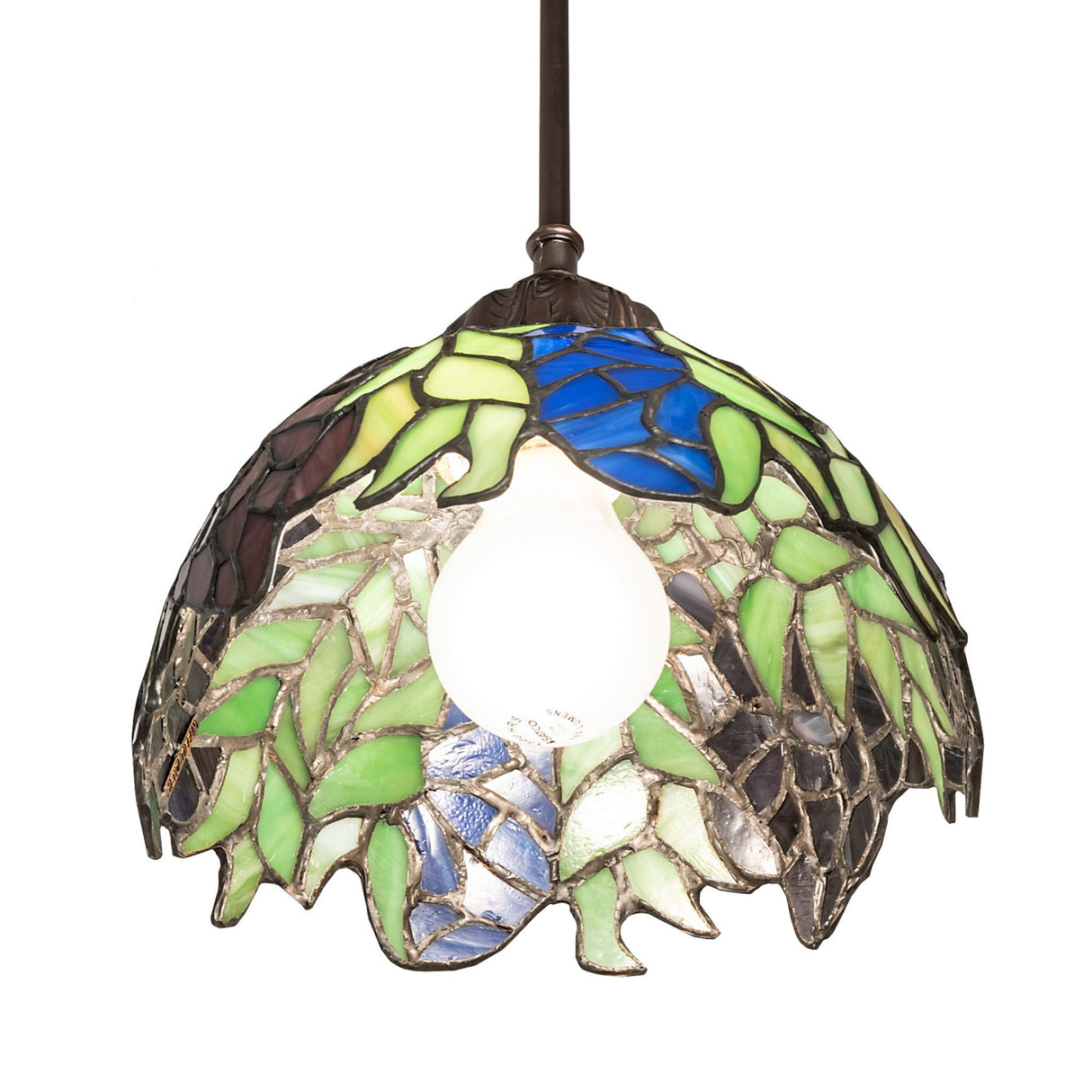 Interior view of Tiffany Honey Locust mini pendant showcasing light bulb and detailed glasswork.