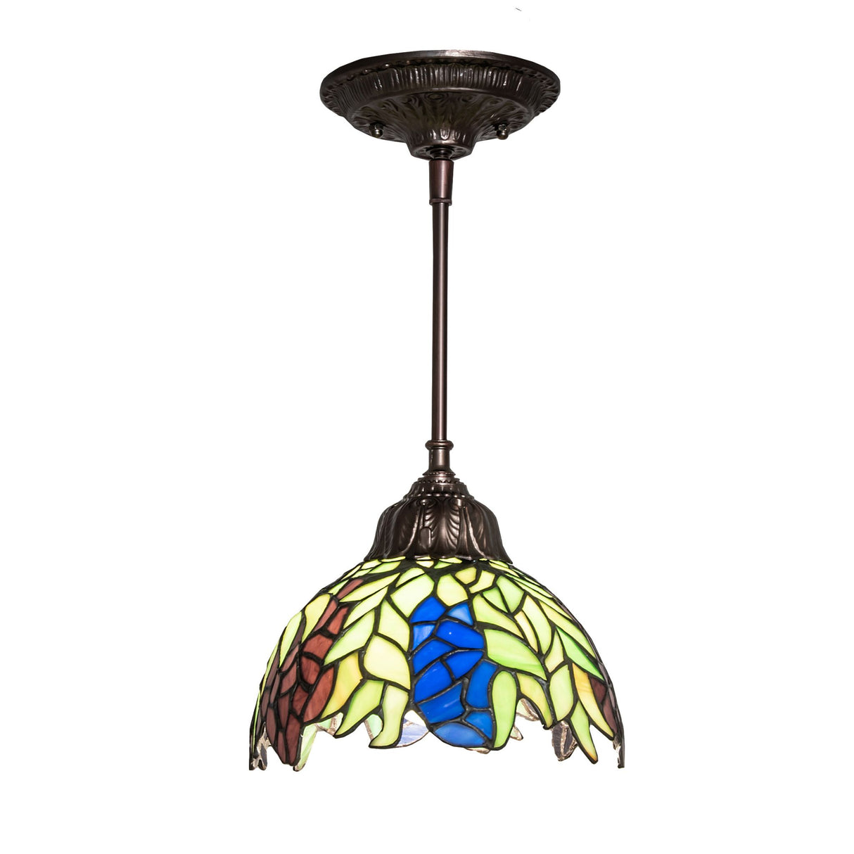 Side view of Tiffany Honey Locust Mini Pendant featuring green and blue stained glass.
