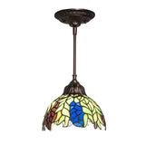 Side view of Tiffany Honey Locust Mini Pendant featuring green and blue stained glass.