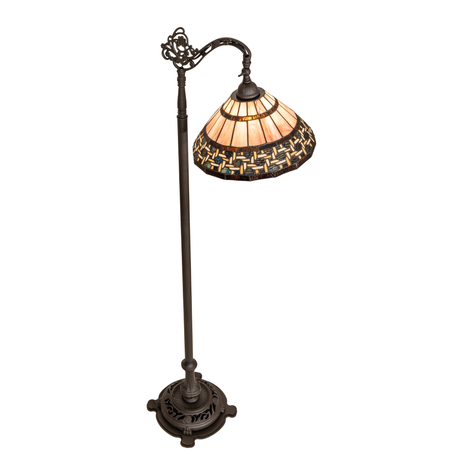 Angled view of Tiffany-style Ilona bridge arm lamp with bronze base.