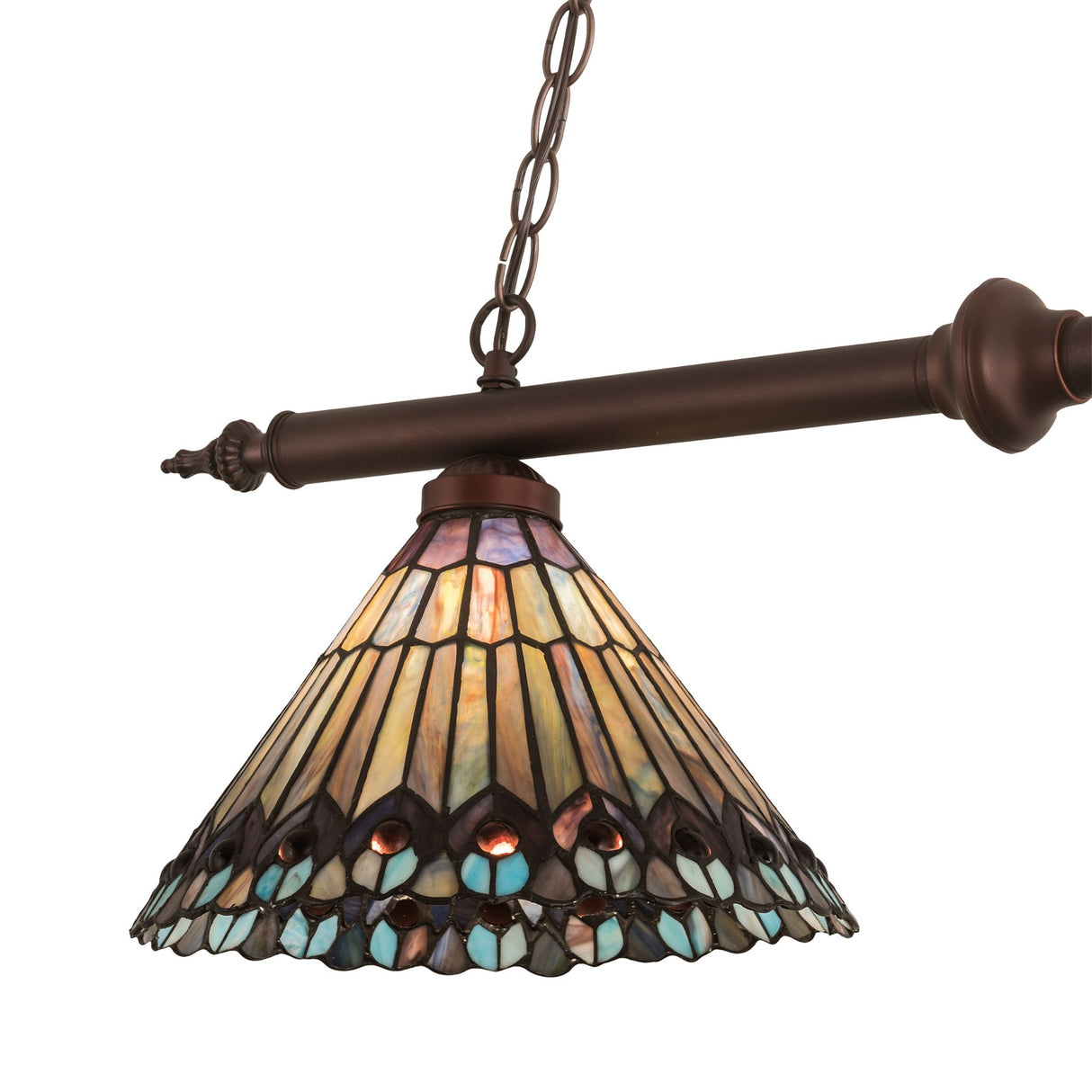 Close-up of the Tiffany Jeweled Peacock pendant shade with vibrant colors.