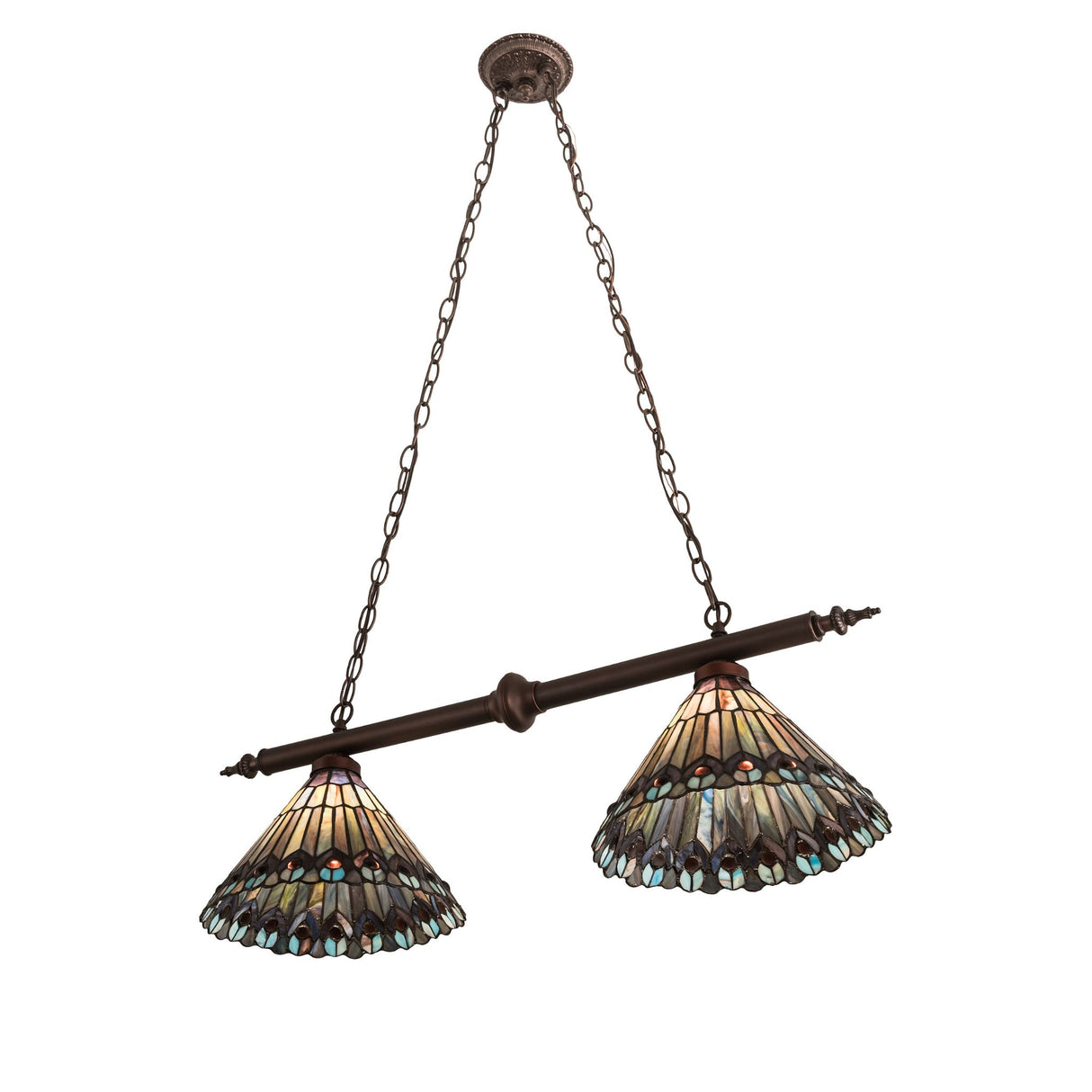 Dimly lit view of Tiffany Jeweled Peacock 2-Light Island Pendant showing its warm ambiance.
