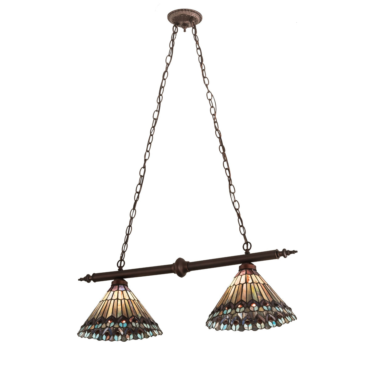 Full view of the Tiffany Jeweled Peacock 2-Light Island Pendant hanging from the ceiling.