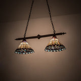 Illuminated view of Tiffany Jeweled Peacock 2-Light Island Pendant with intricate design.