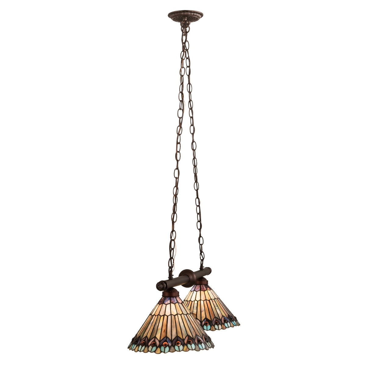 Side angle of the Tiffany Jeweled Peacock 2-Light Island Pendant emphasizing its elegance.