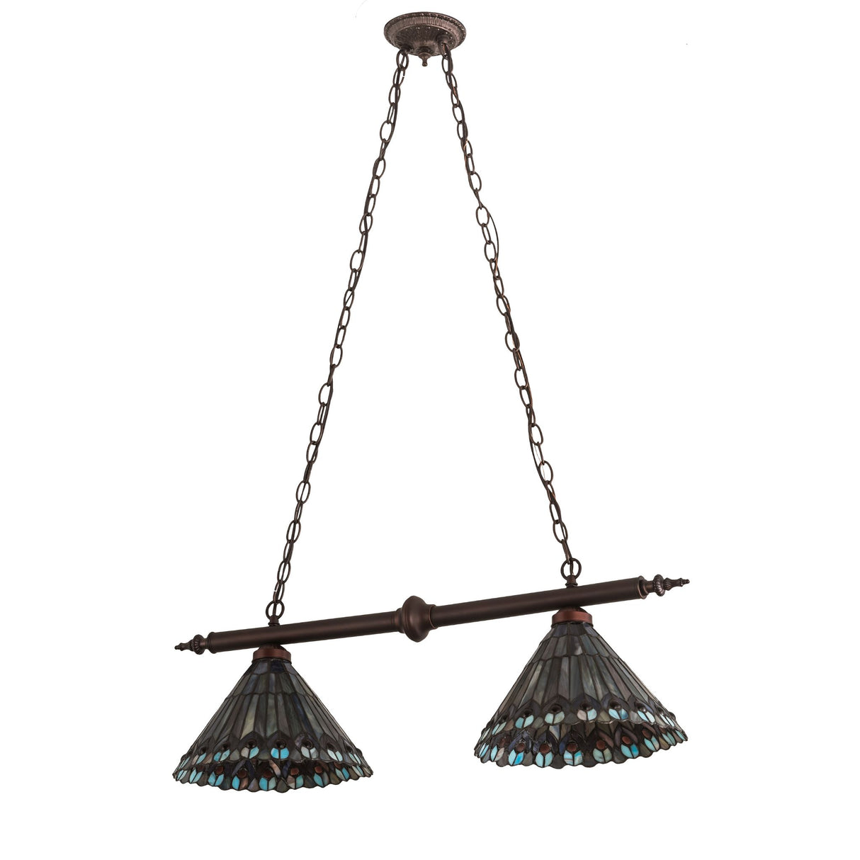 Unlit view of Tiffany Jeweled Peacock 2-Light Island Pendant highlighting the shade design.