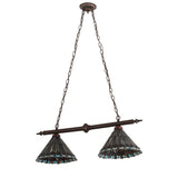 Unlit view of Tiffany Jeweled Peacock 2-Light Island Pendant highlighting the shade design.