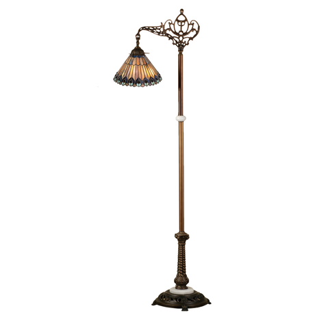 Jeweled peacock Tiffany bridge arm floor lamp with lit stained glass shade.