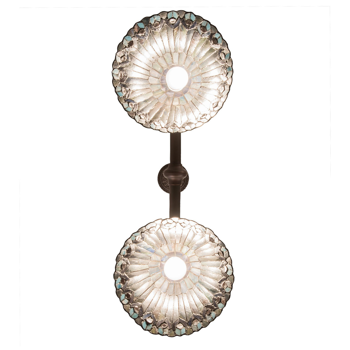 Bottom view of the Tiffany Jeweled Peacock Island Pendant showing the detailed stained glass pattern.