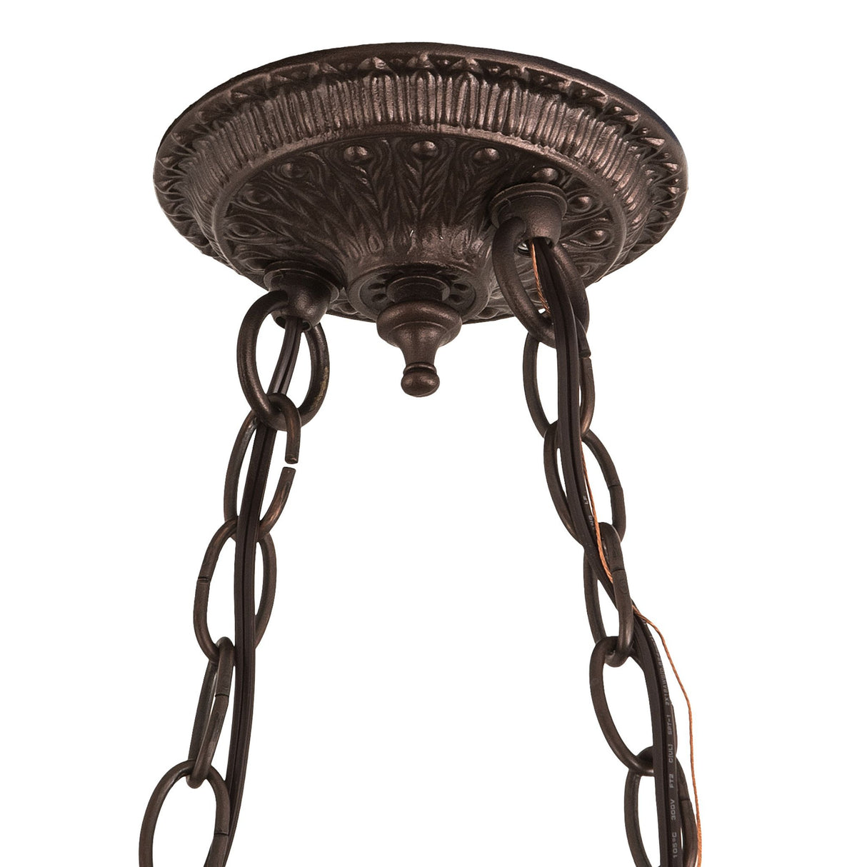 Close-up view of the ceiling mount of the Tiffany Jeweled Peacock Island Pendant in Mahogany Bronze finish.