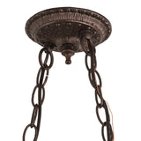 Close-up view of the ceiling mount of the Tiffany Jeweled Peacock Island Pendant in Mahogany Bronze finish.