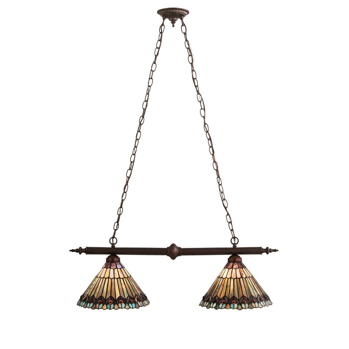 Front view of the 34" Tiffany Jeweled Peacock 2 LT Island Pendant showcasing its intricate design.