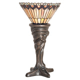 Tiffany Jeweled Peacock Mini Lamp with vibrant stained glass shade and a Mahogany Bronze base.