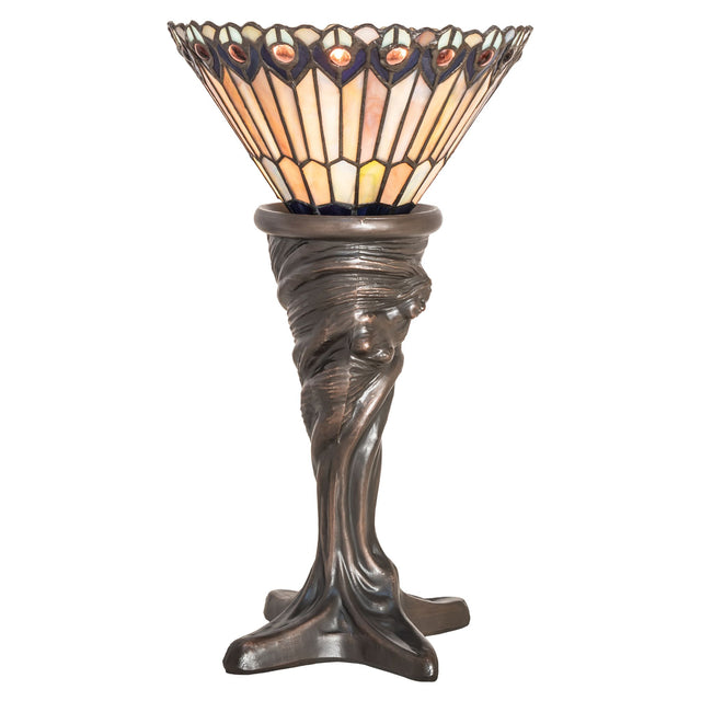 Tiffany Jeweled Peacock Mini Lamp with vibrant stained glass shade and a Mahogany Bronze base.