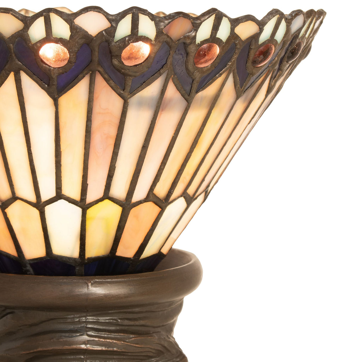 Close-up view of the Tiffany Jeweled Peacock Mini Lamp’s stained-glass shade.