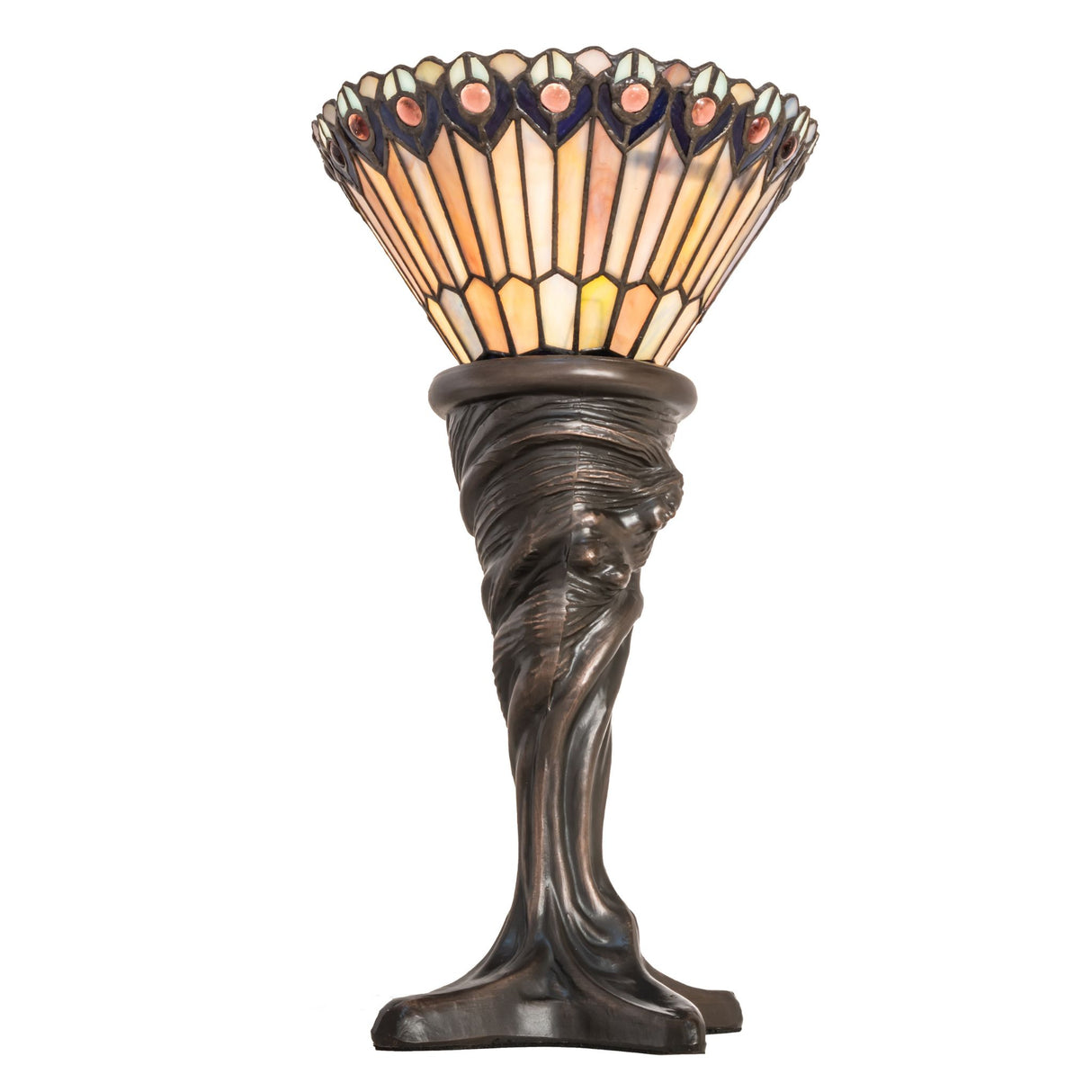 Front view of Tiffany Jeweled Peacock Mini Lamp featuring intricate stained glass patterns.