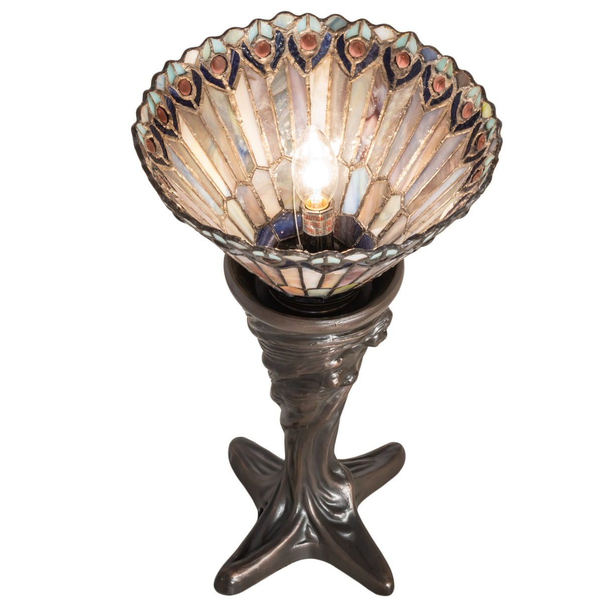 Top-down view of Tiffany Jeweled Peacock Mini Lamp displaying its detailed glass shade.