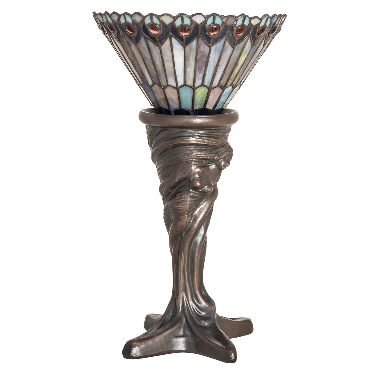 Tiffany Jeweled Peacock Mini Lamp in an unlit view of its rich glasswork and classic design.