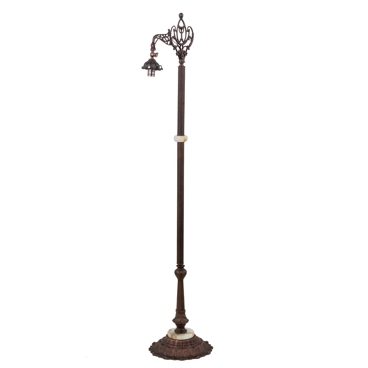 Bridge arm floor lamp frame without shade in mahogany bronze.