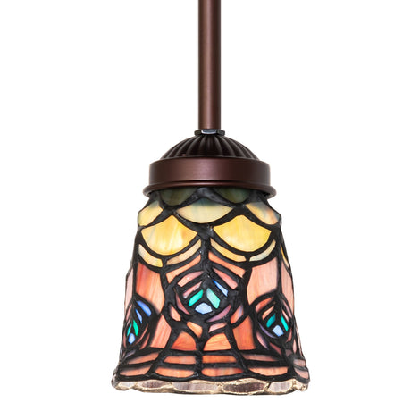 Colorful Tiffany-style mini pendant with peacock feather design.