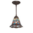 Tiffany-style peacock feather mini pendant with stained glass shade.