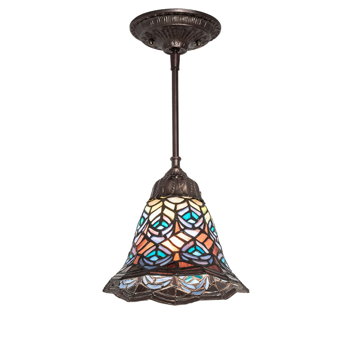 Tiffany-style peacock feather mini pendant with stained glass shade.