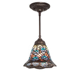 Tiffany-style peacock feather mini pendant with stained glass shade.