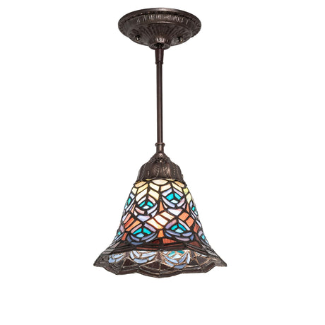 Tiffany-style peacock feather mini pendant with stained glass shade.