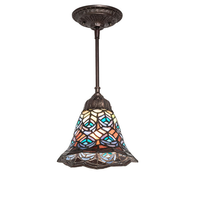 Tiffany-style peacock feather mini pendant with stained glass shade.