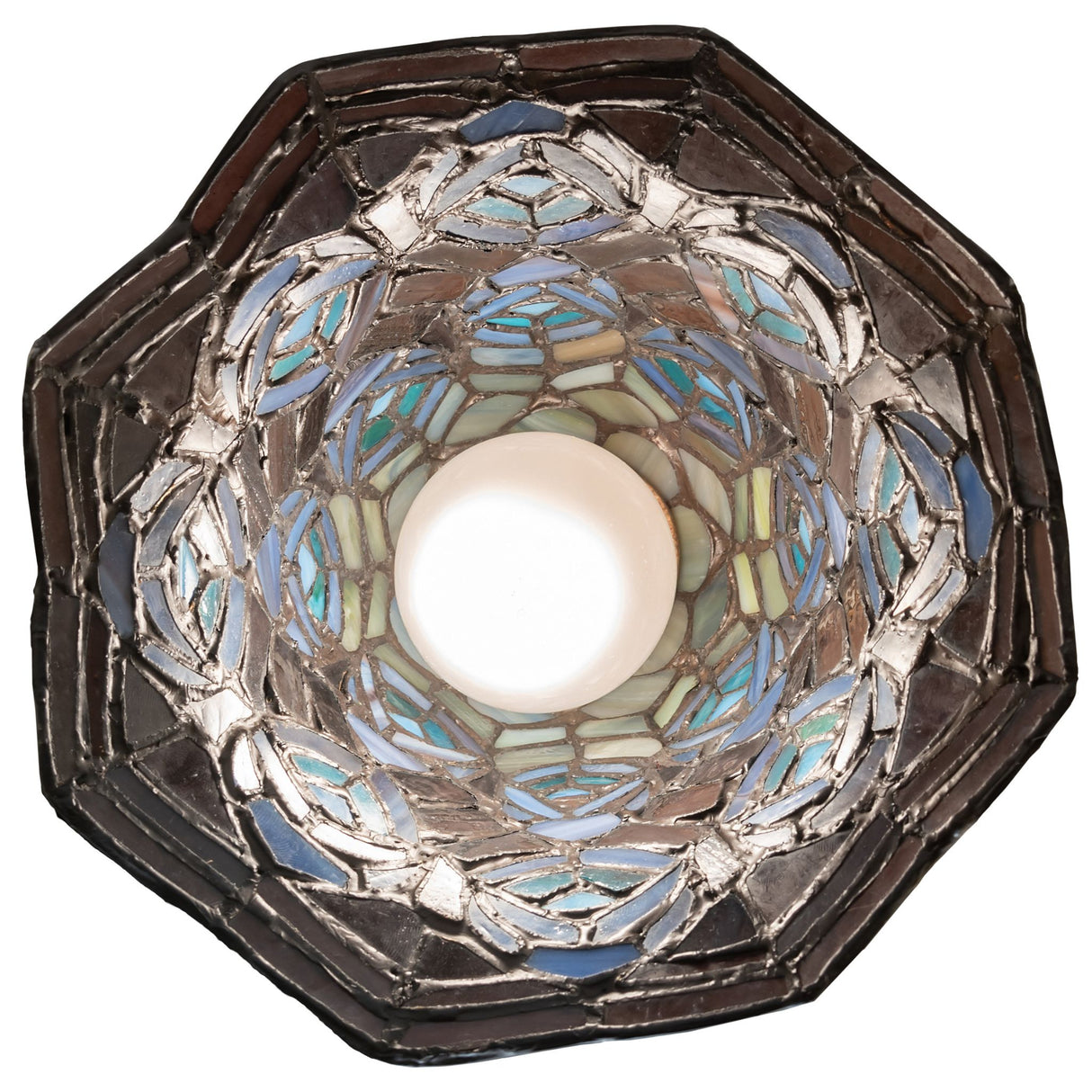 Pendant light viewed from below, revealing stained glass details.