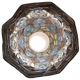 Pendant light viewed from below, revealing stained glass details.