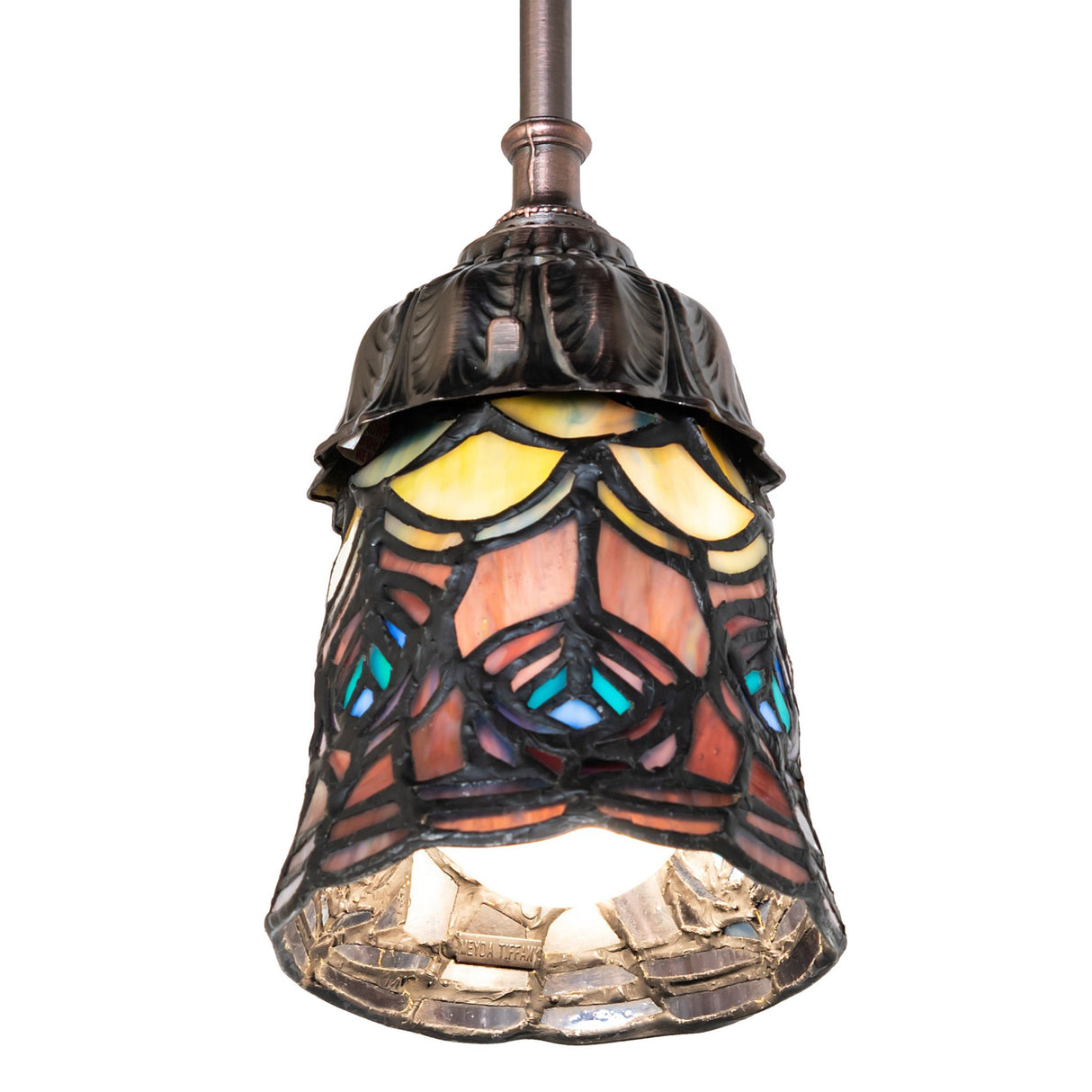 Bottom view of Tiffany Peacock Feather Mini Pendant displaying the light bulb.
